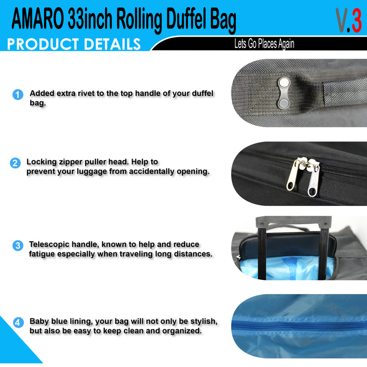 Amaro 33 inch Rolling Duffel Bags | Wheeled Duffel Bag V.3